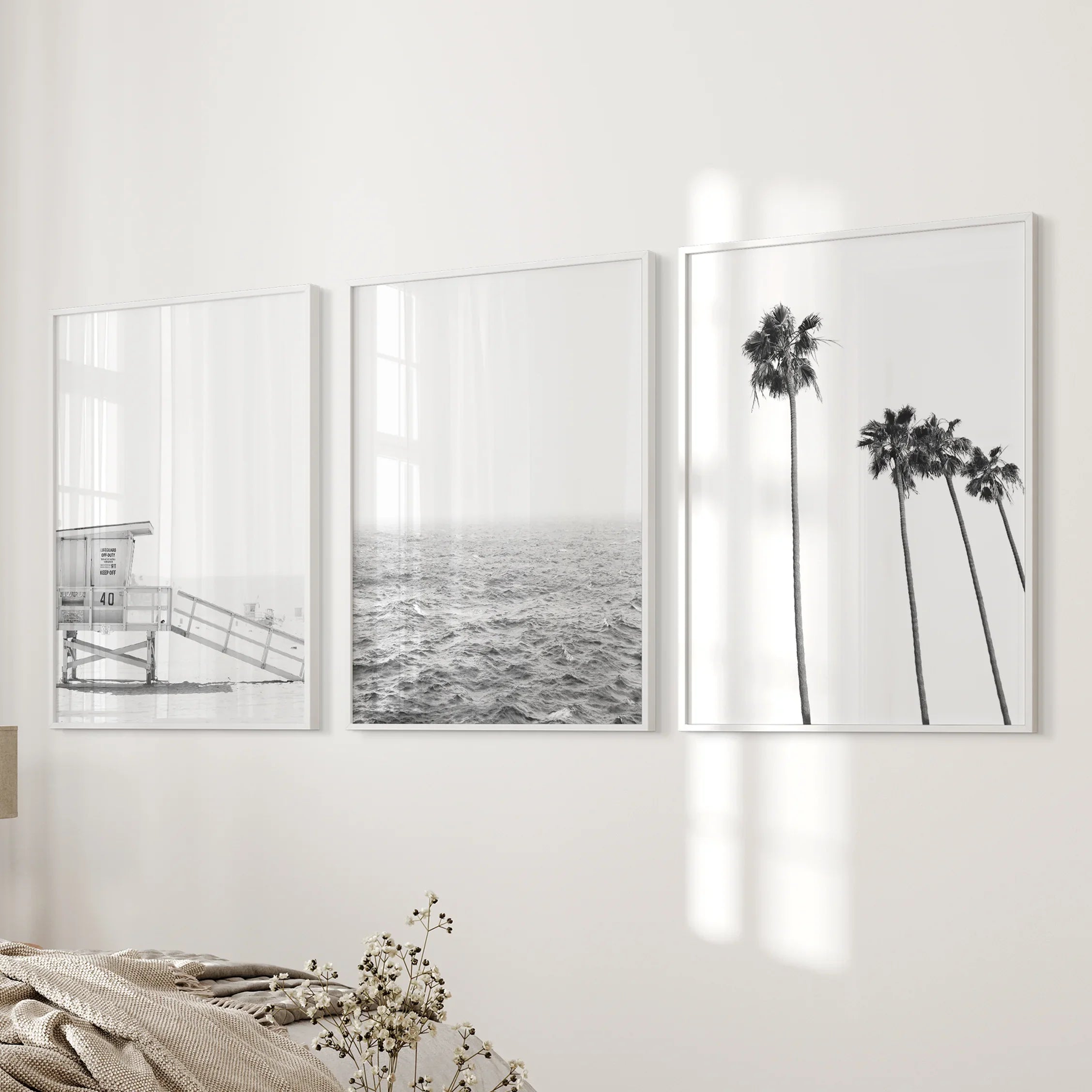 Black White Coastal Wall Art Set: Palms, Ocean, Lifeguard