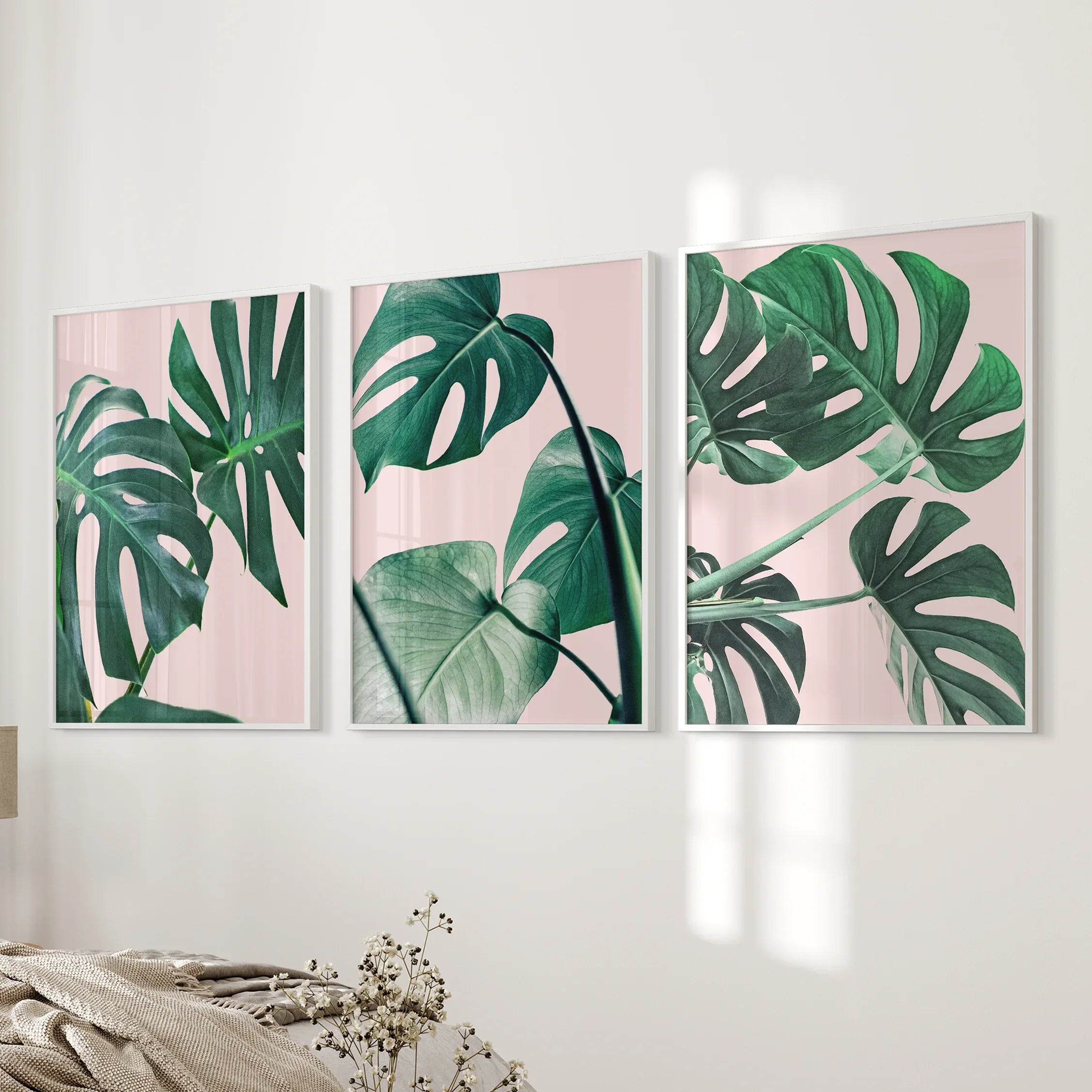 Pink Botanical 3 Piece Wall Art. Green Monstera Leaves Print